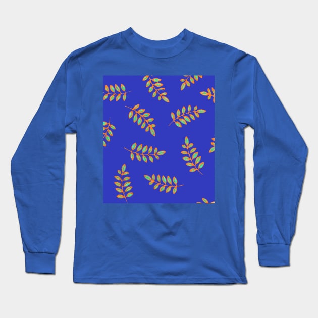 Leaf Print Pattern in speckled teal green, orange, royal blue Long Sleeve T-Shirt by djrunnels